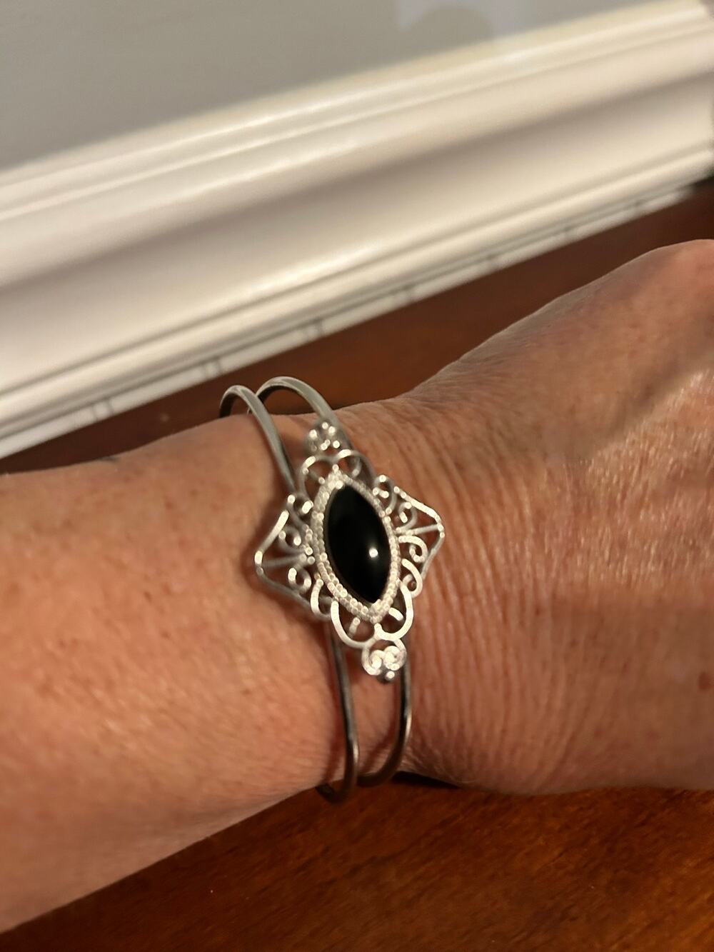 Vintage Art Deco Silver Tone Filigree Cuff Bracelet Jet Black Marquise Stone